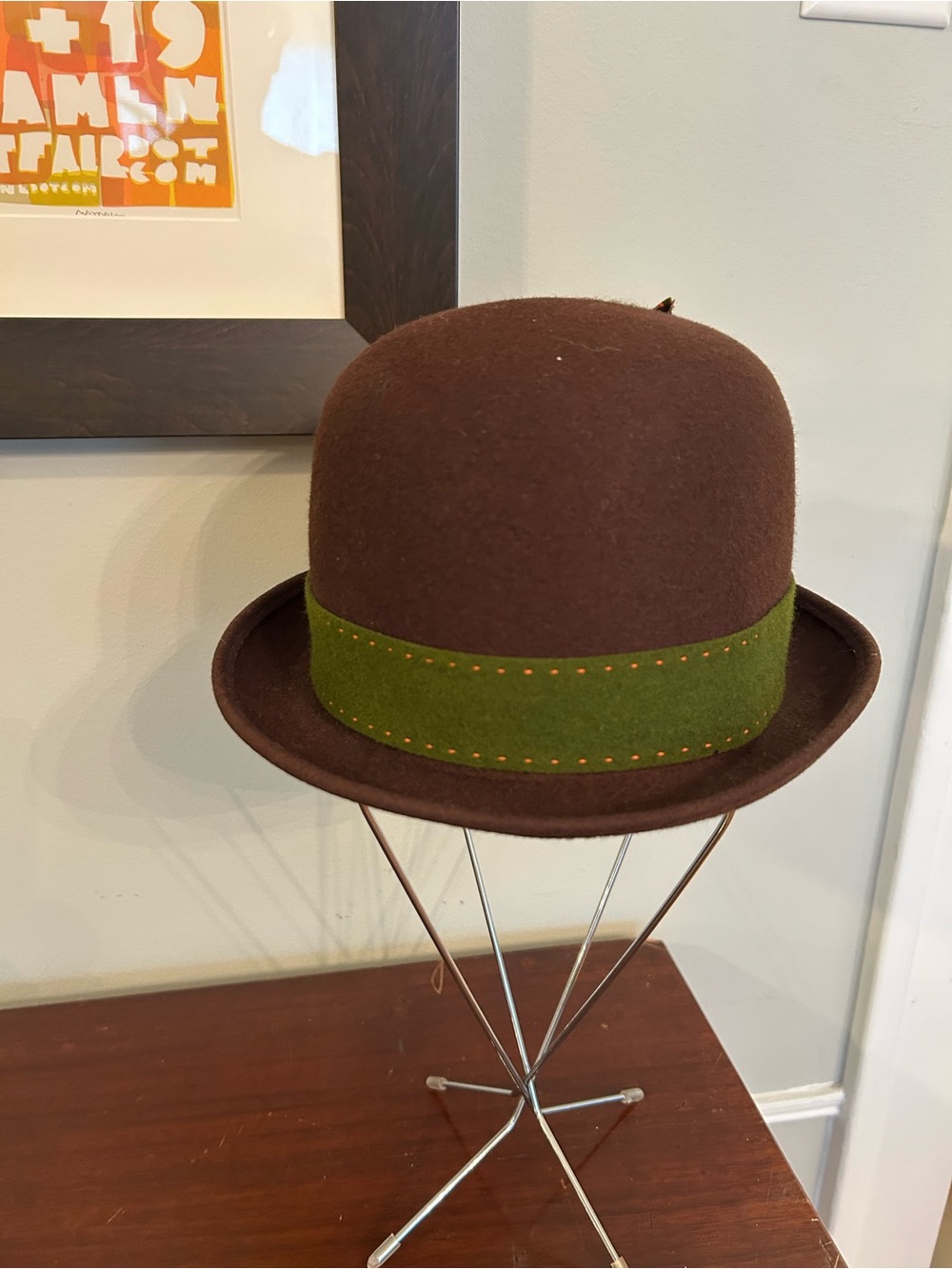 Vintage Brown Wool Bowler Hat with Green Band